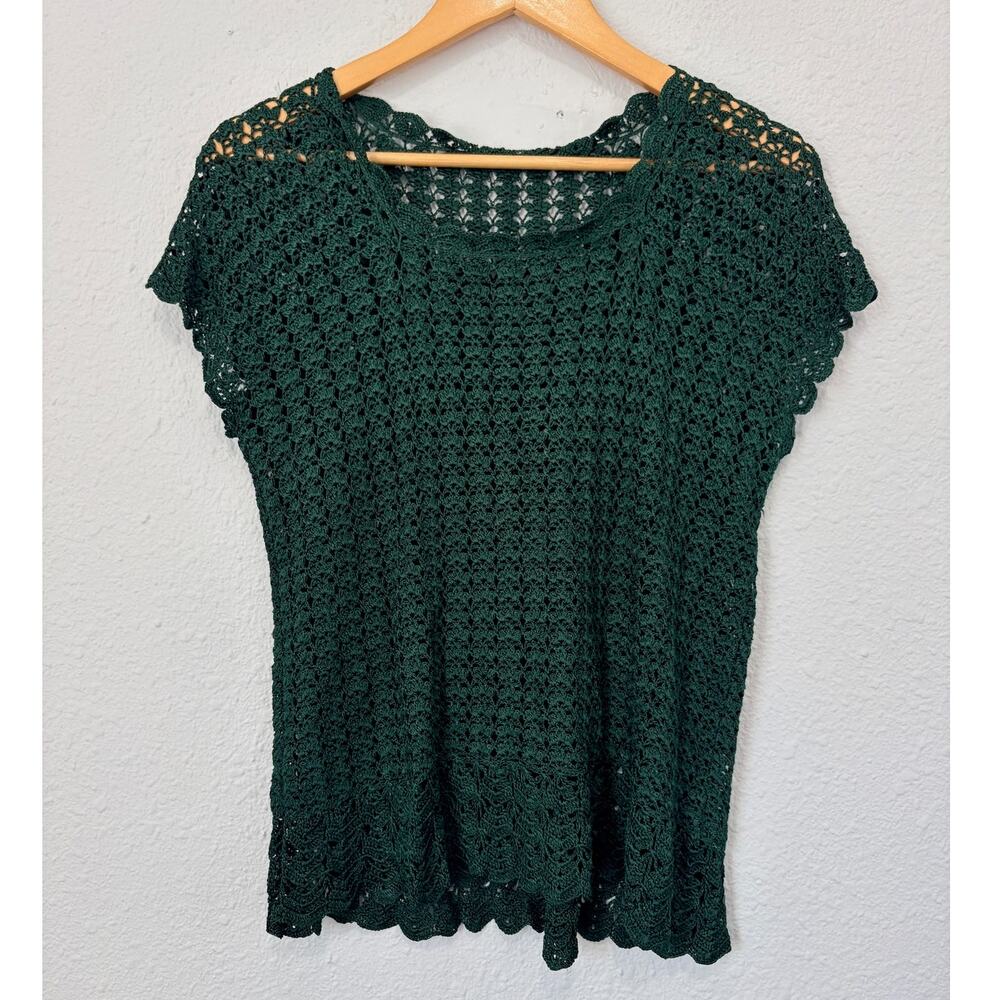 Vintage Open Knit Green Blouse Boho Scalloped Floral Pattern Coastal Cottage